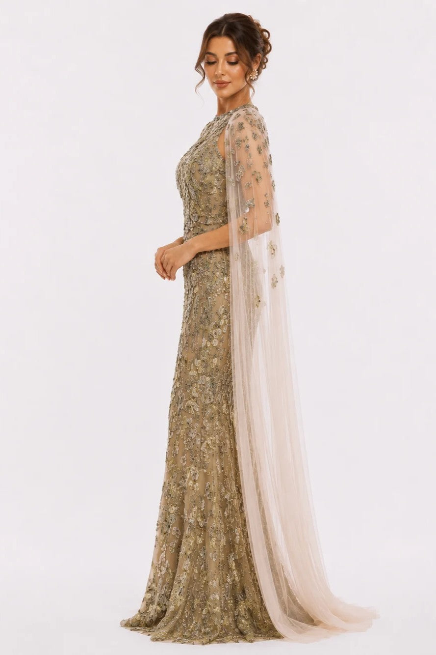 Embroidered Gown with Cape Sleeves