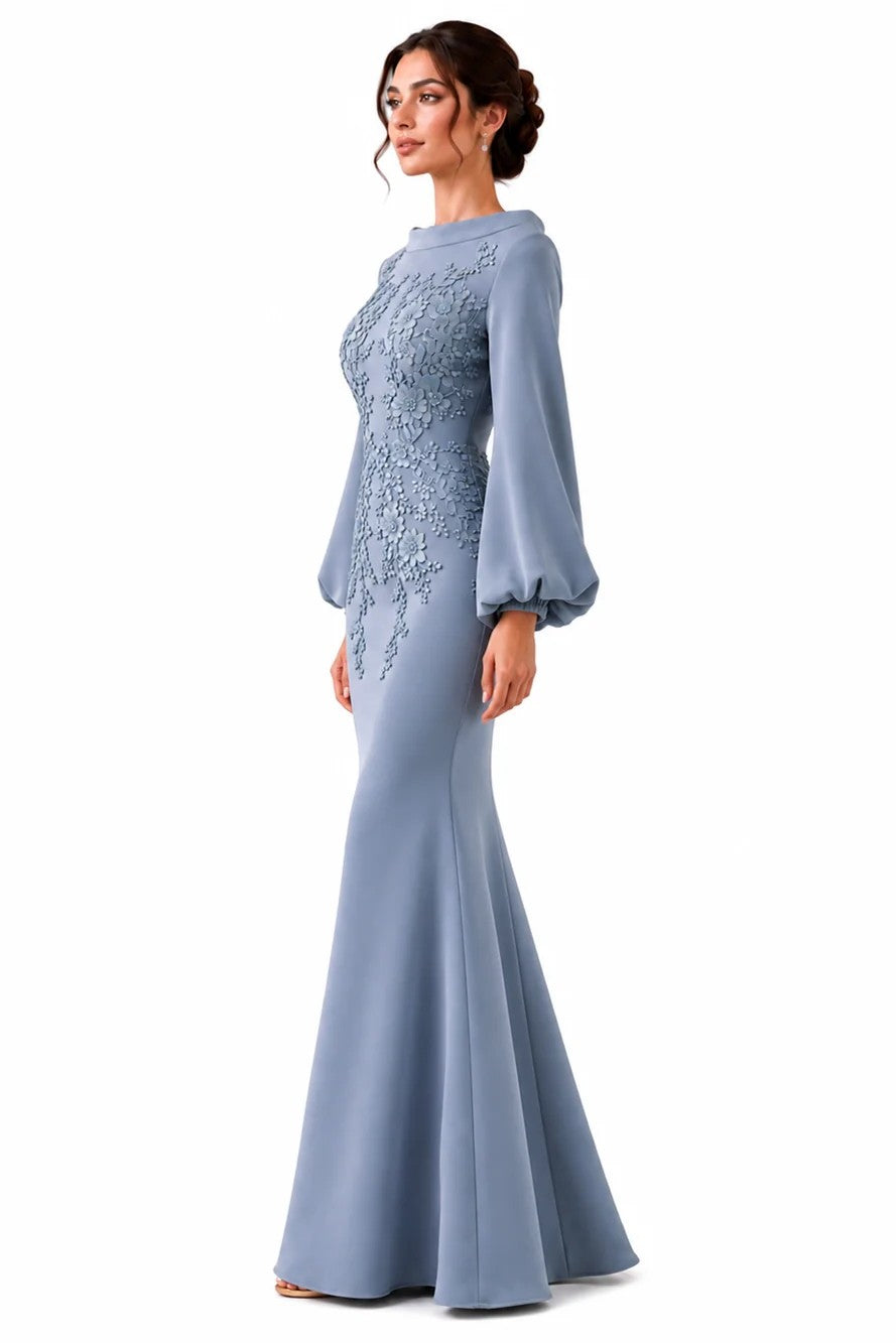 High-Neck Crepe Mermaid Gown with 3D Flowers