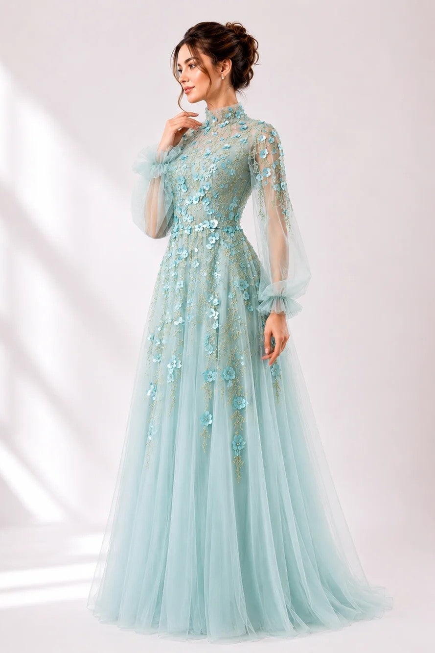 High-Neck Tulle Gown with 3D Floral Embroidery