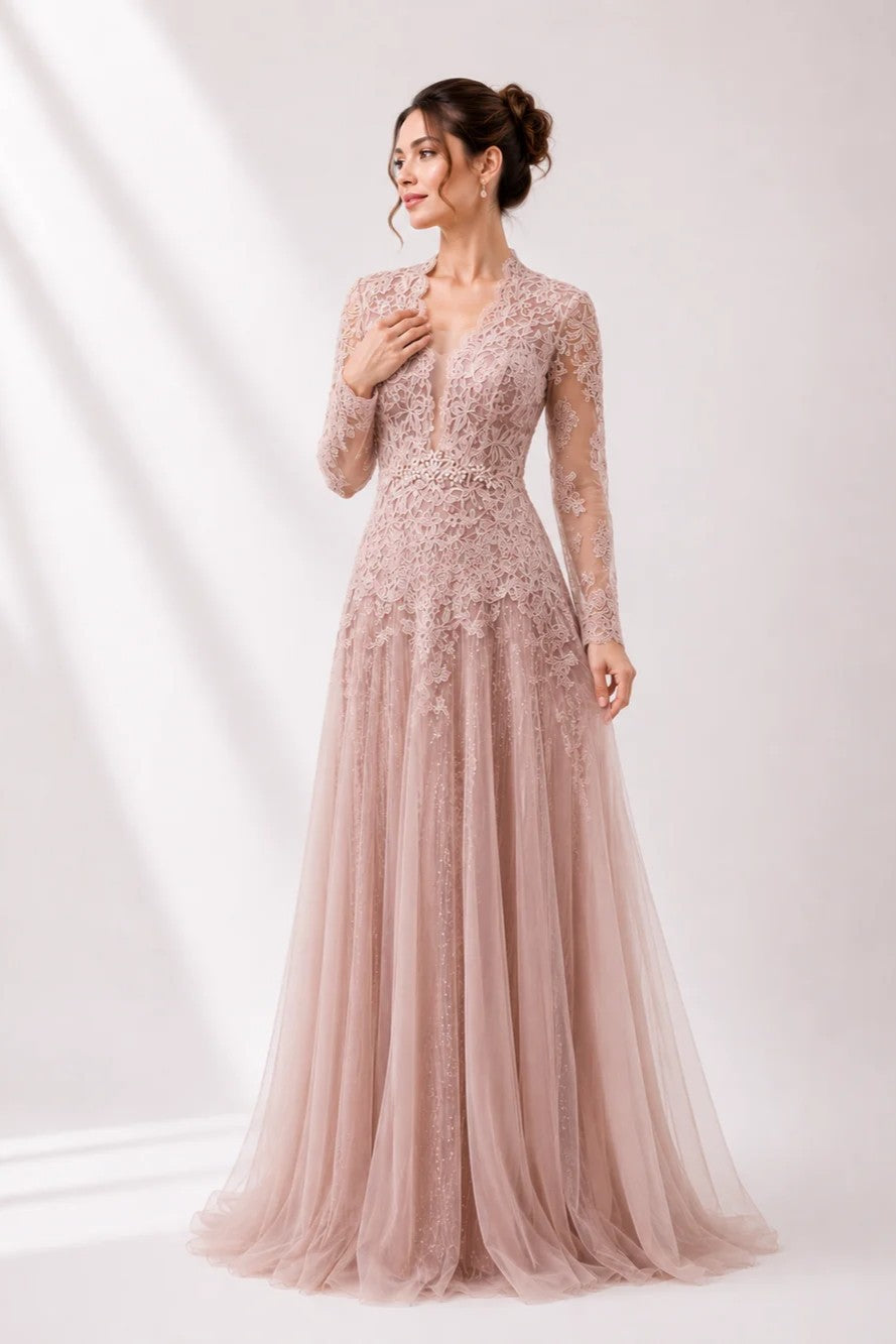 Deep V-Neck Lace & Tulle Gown with Floral Belt