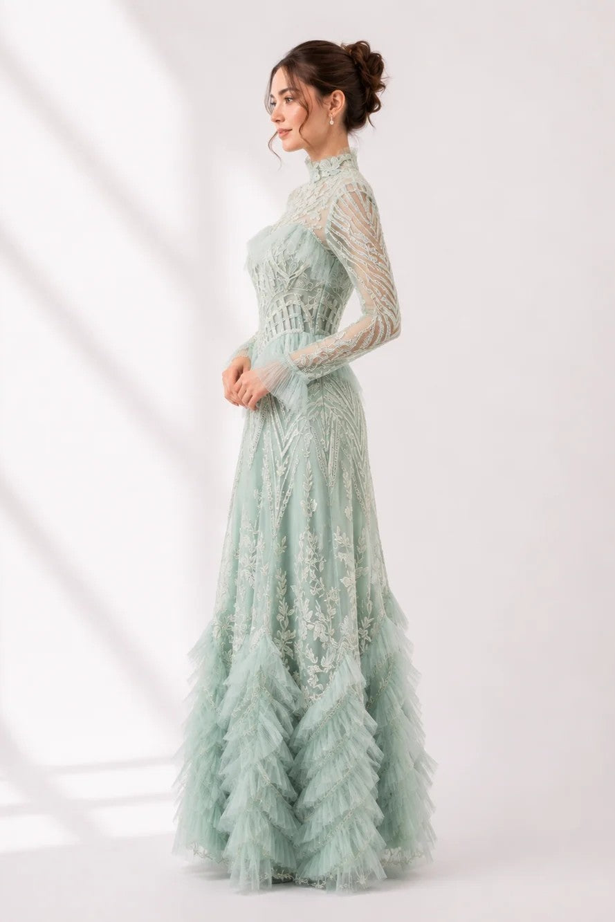 High-Neck Geometric Tulle A-Line Gown