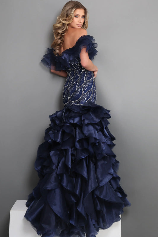 Off Shoulder Ruffle Beaded Bodice Dress