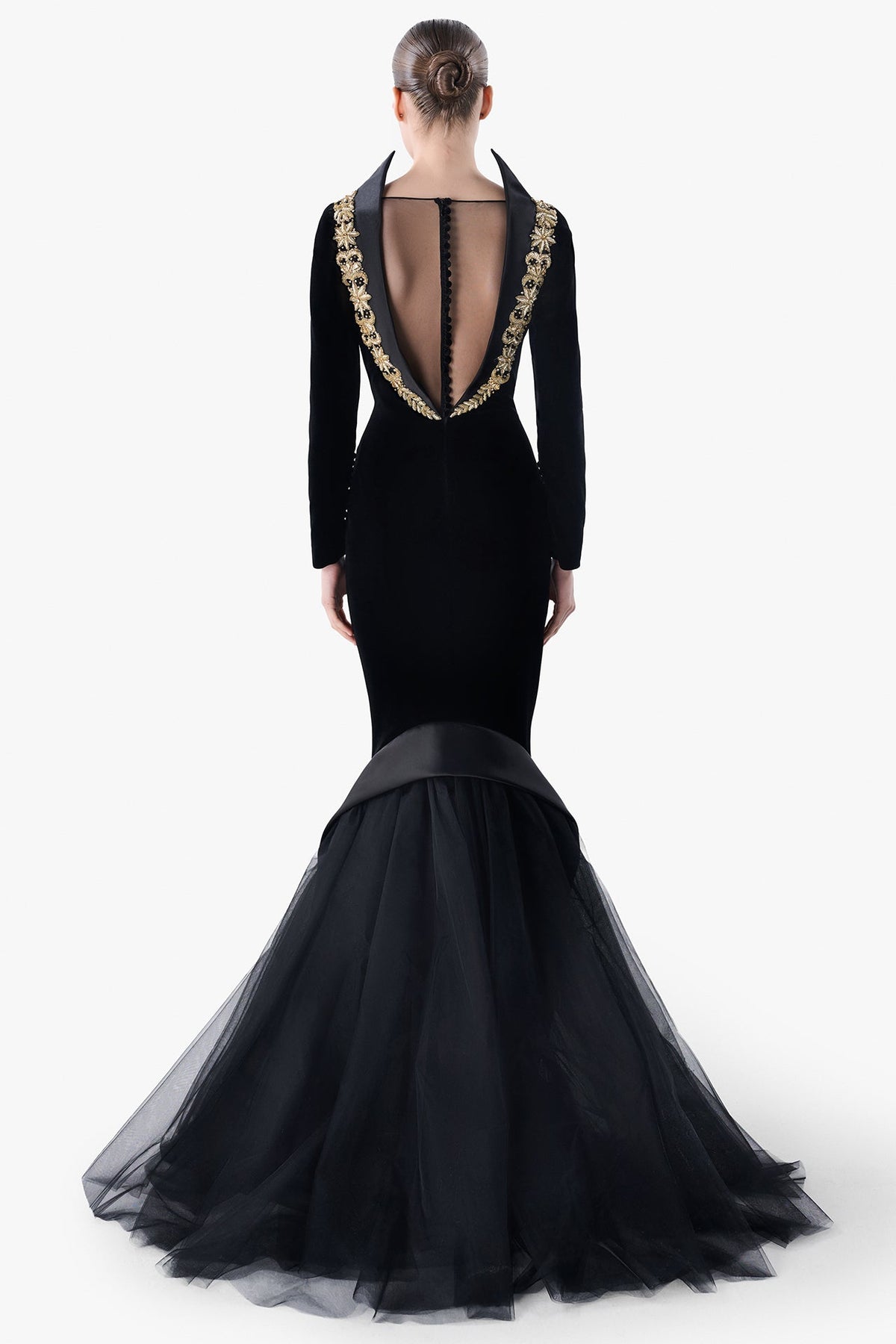 Open Back Mermaid Gown with Embroidered Collar