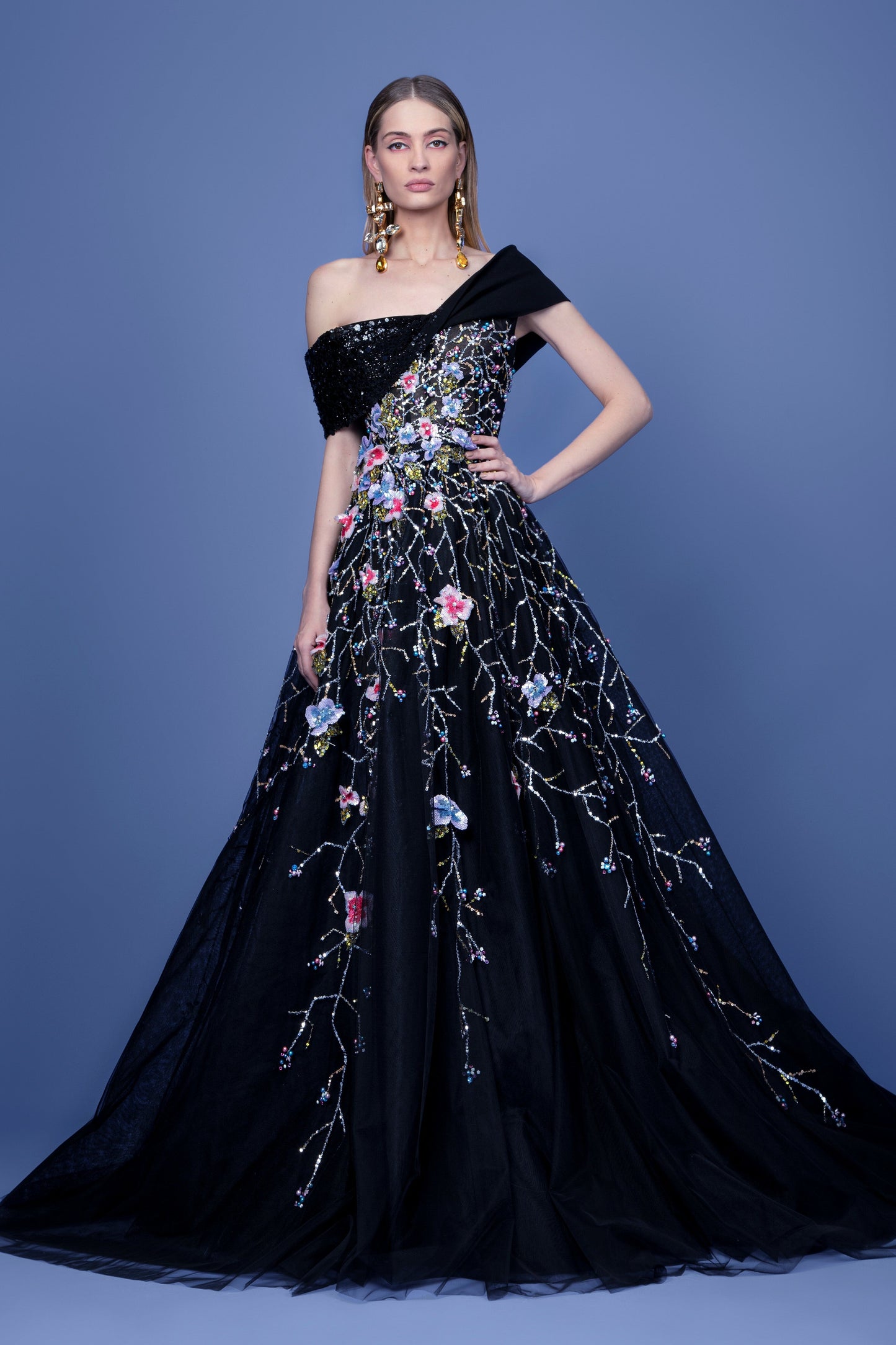 Off Shoulder Beaded Tulle Gown
