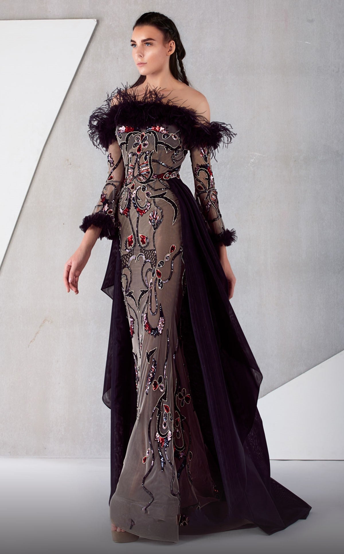 Off Shoulder Bell Sleeve Embellished Gown