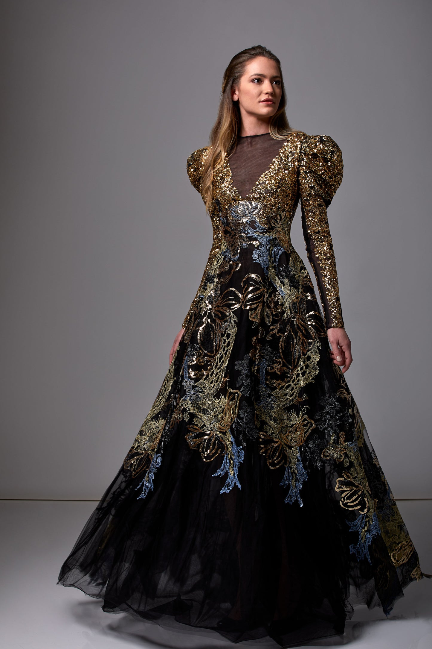 Sequined Tulle Long Sleeve Gown