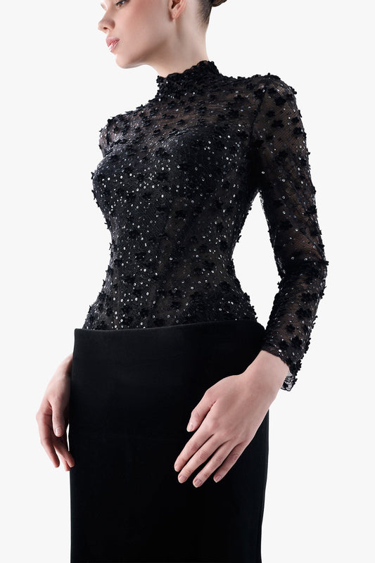 Embroidered Tulle Top with Velvet Column Skirt