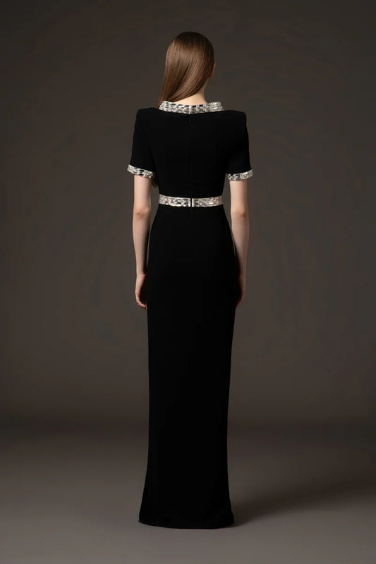 Black Crêpe Dress with Baguette Embroidery