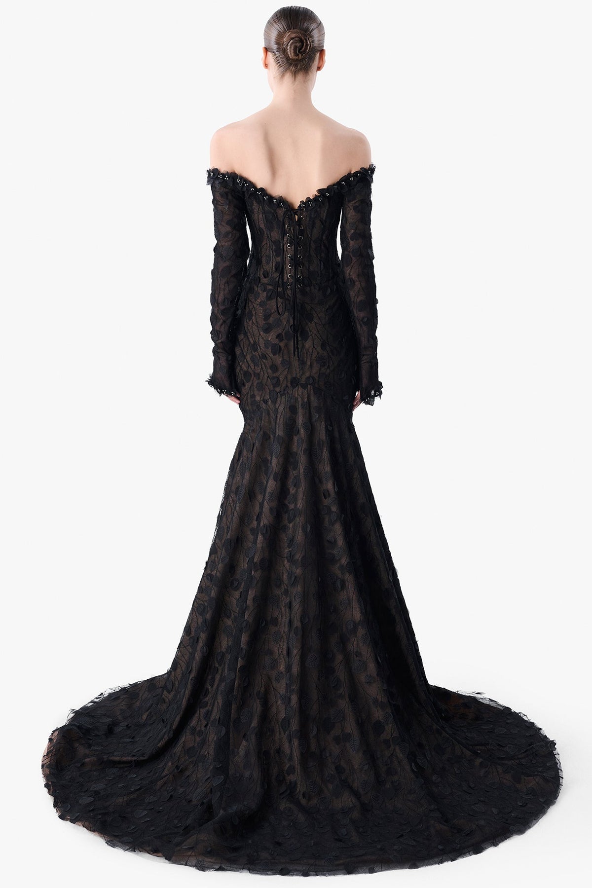 Lace Gown with Organza Petal Embroidery