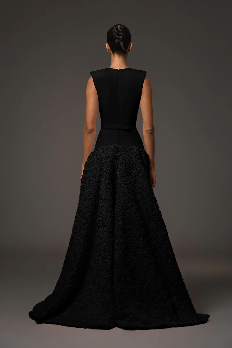 Black Crêpe Dress with Flower Detailing