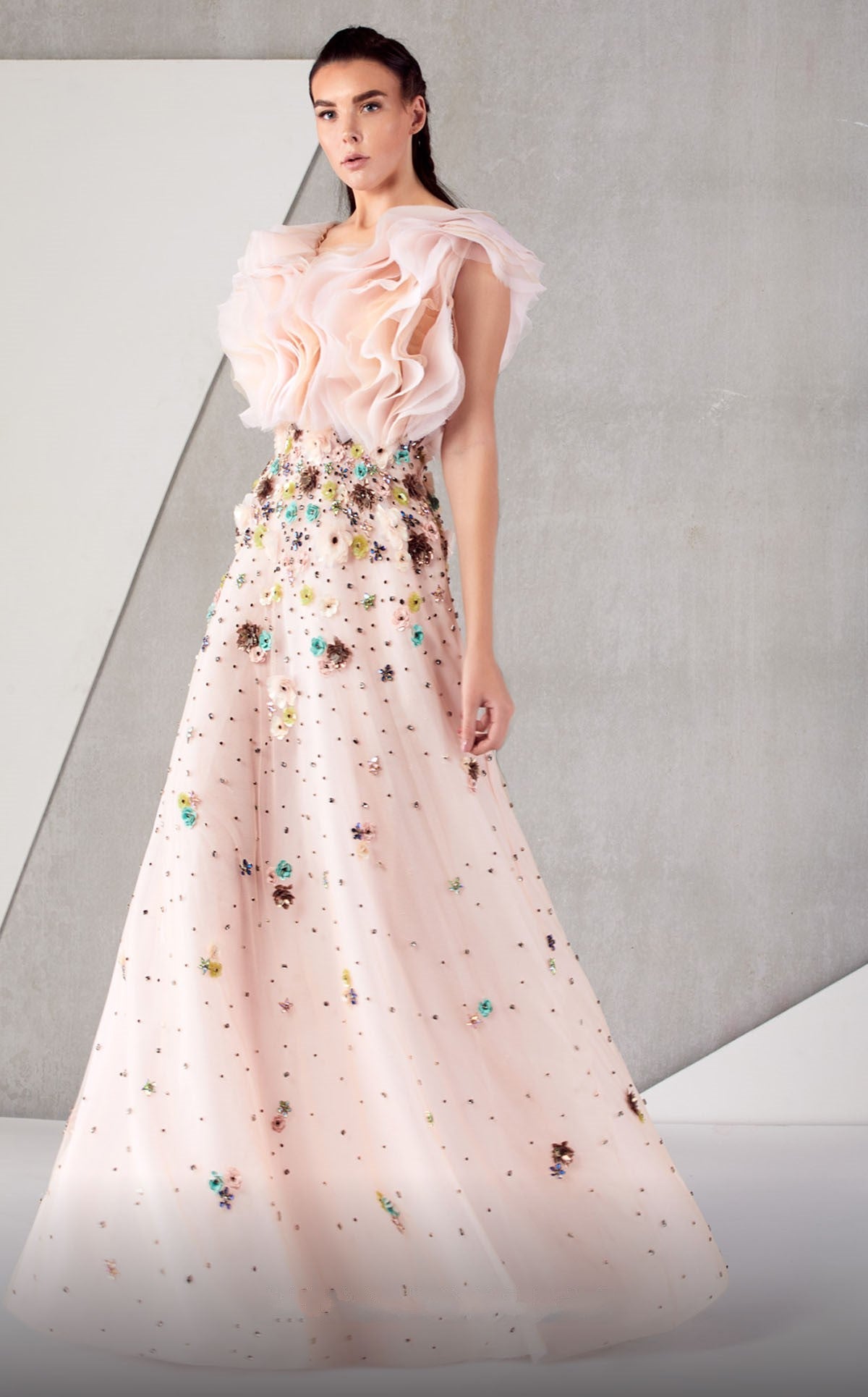 Sleeveless Ruffled Bodice A-Line Gown