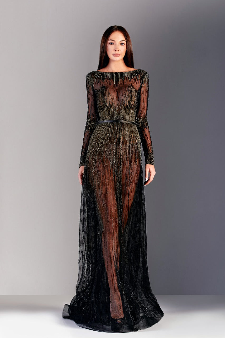 Beaded Long Sleeve Tulle Gown