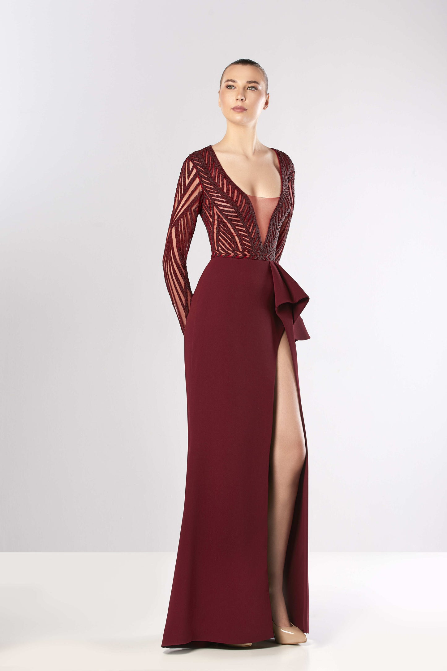 Long Sleeve Beaded Crepe Slit Gown