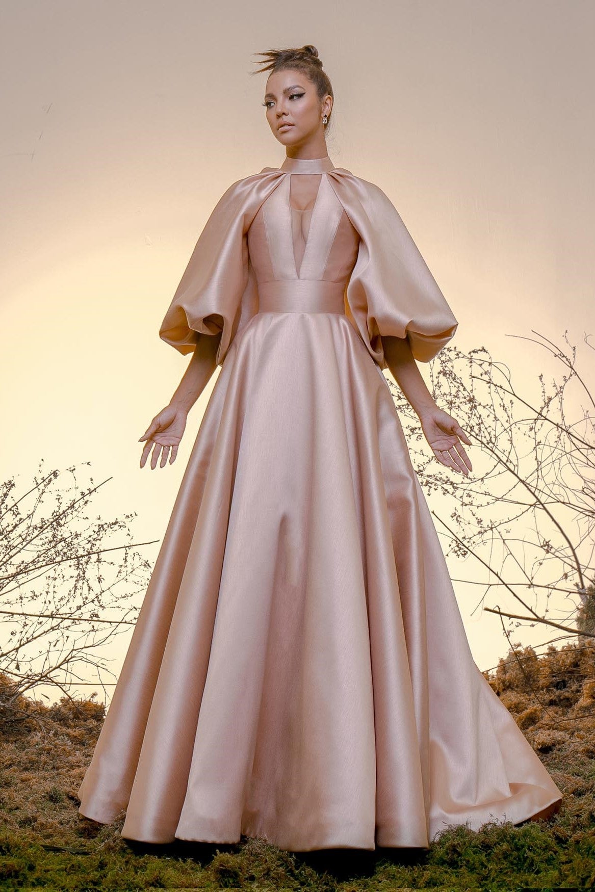Puffed Sleeve A-Line Silk Gazar Gown