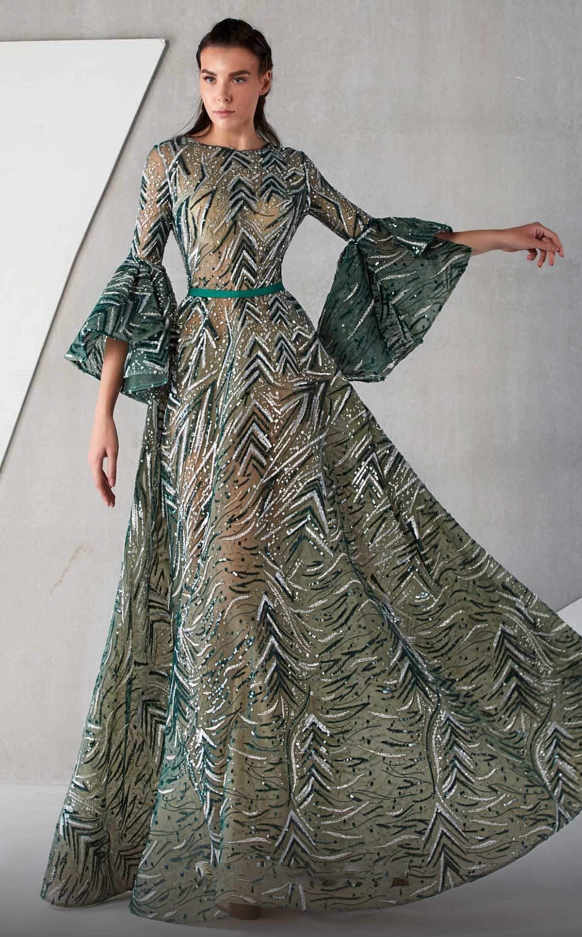 ¾ Bell Sleeve Embellished A-Line Gown