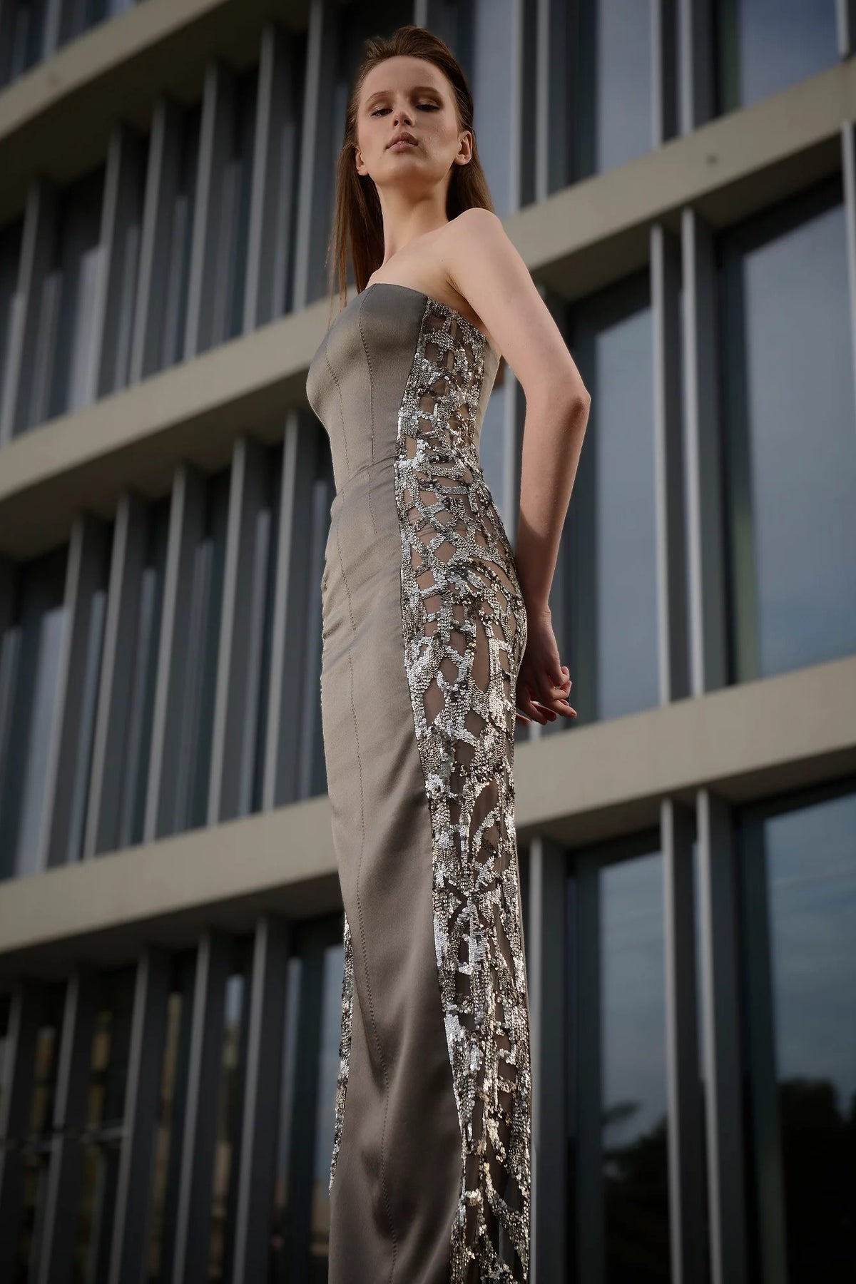 Strapless Embroidered Crepe Gown