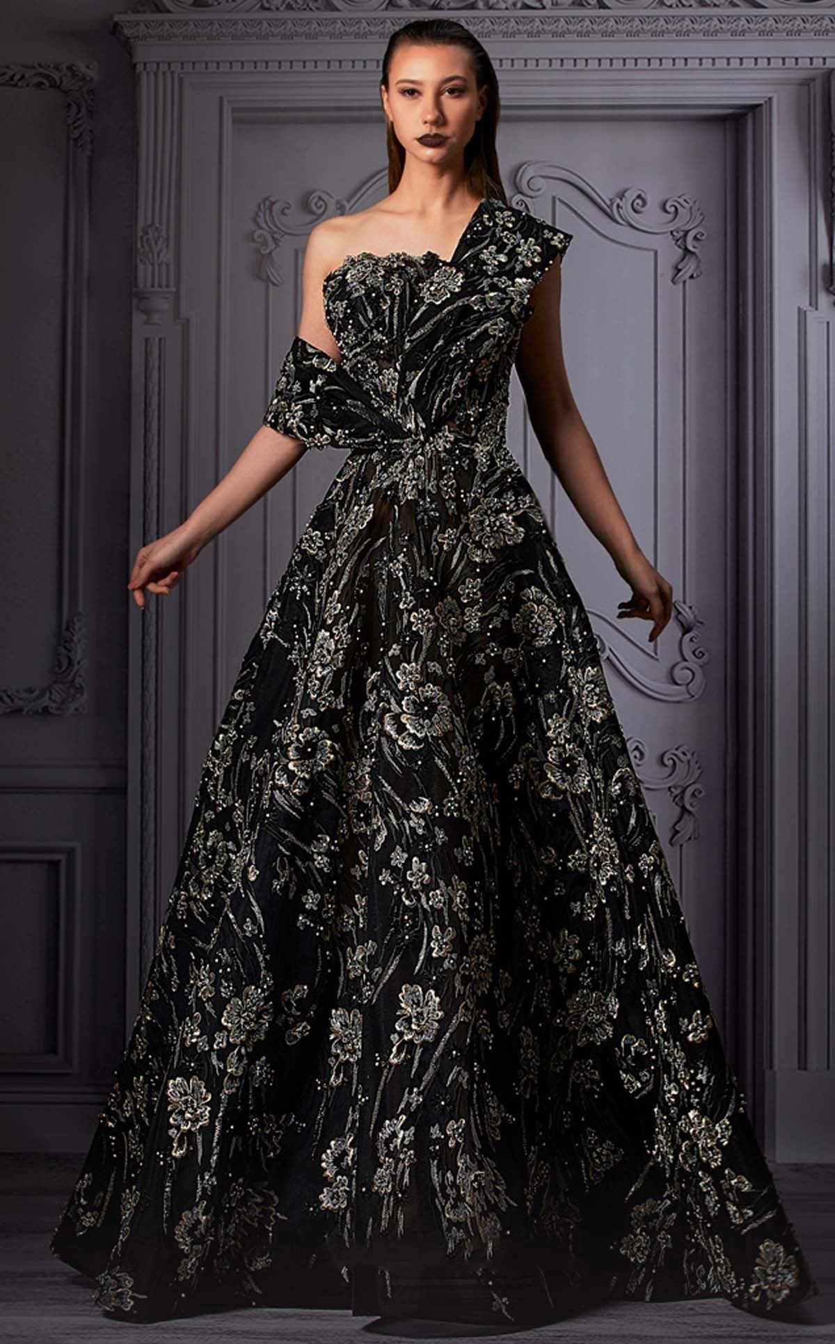 One Shoulder Floral A-Line Gown