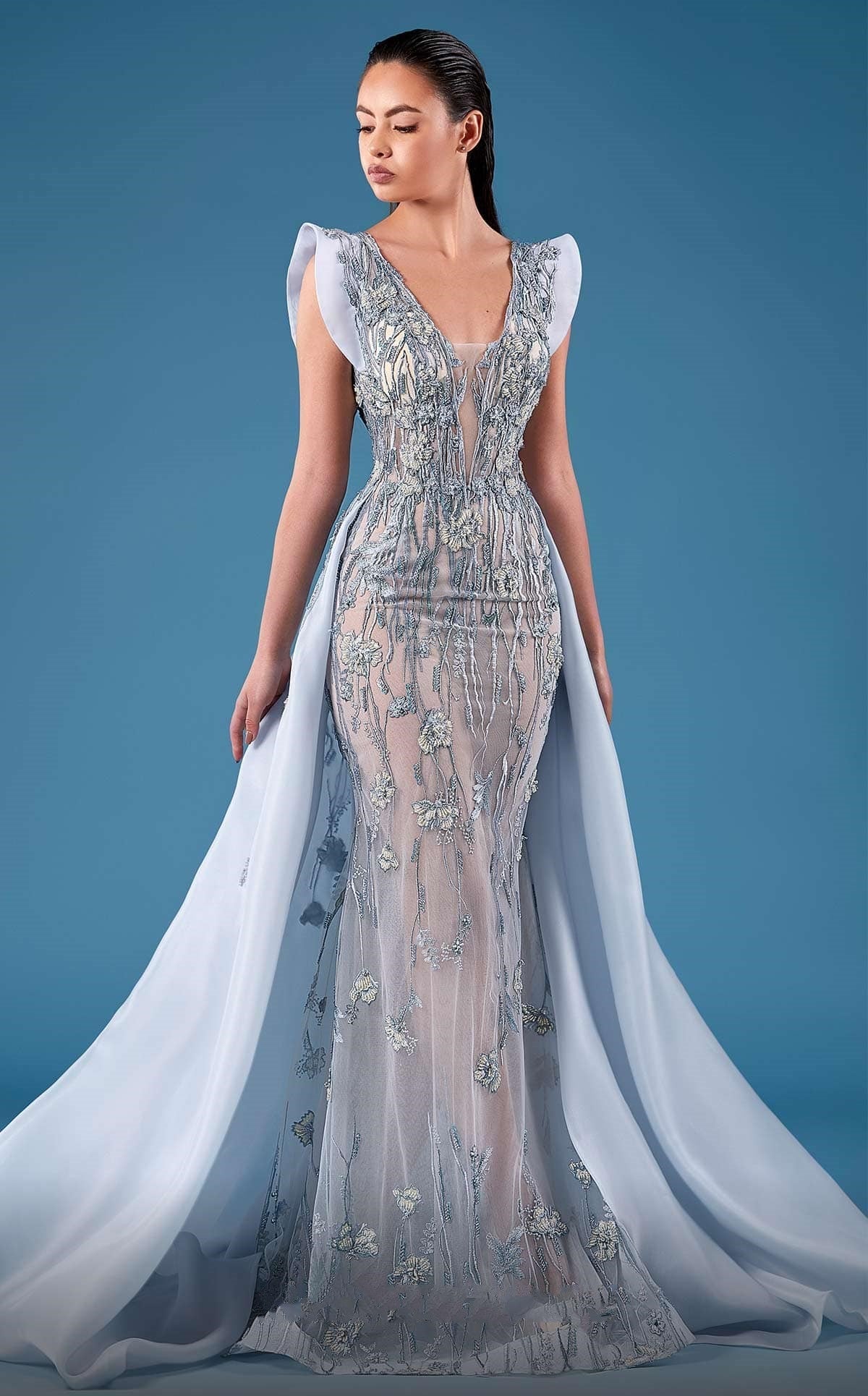 Cap Sleeve Embellished Gown with Train