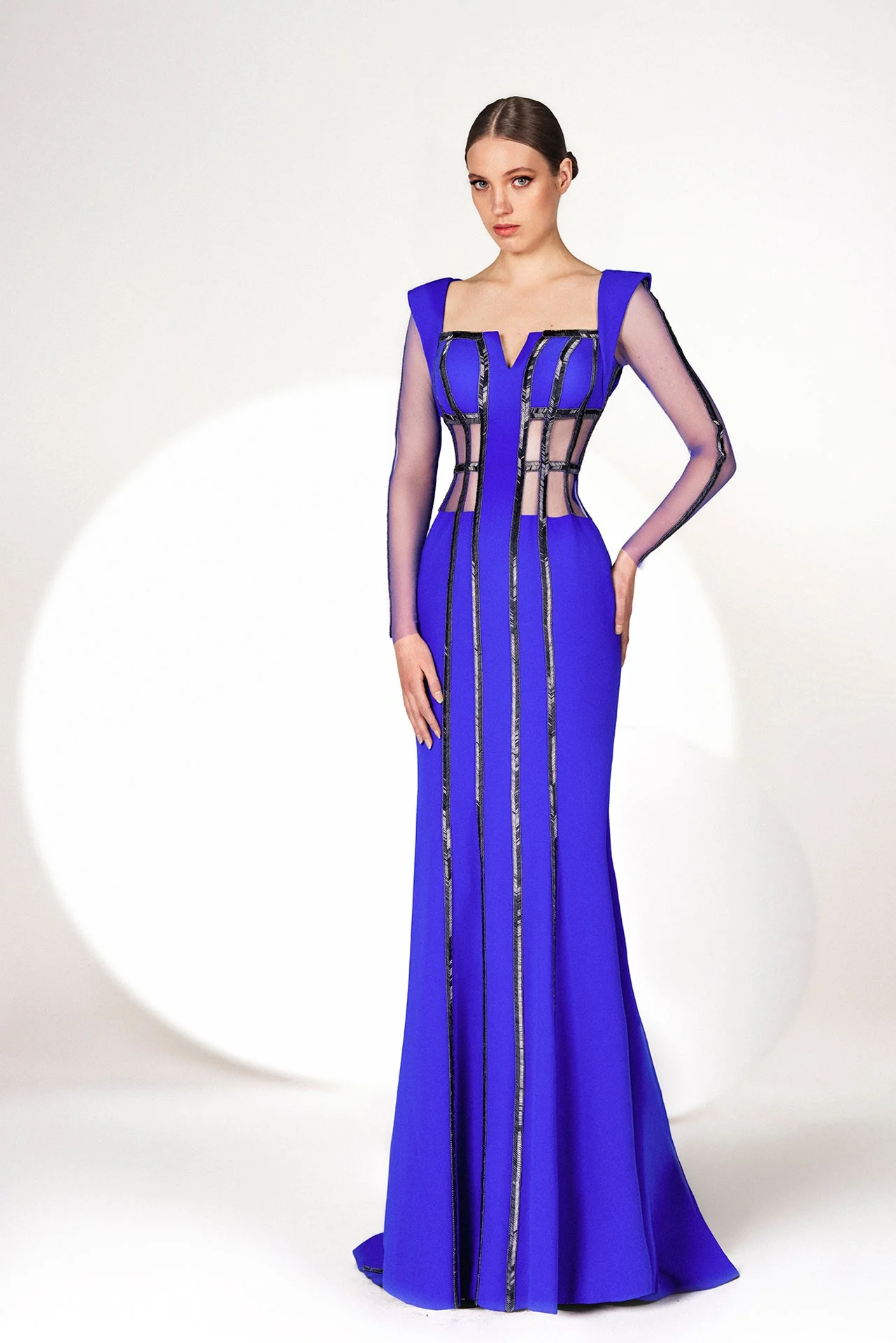 Crepe Beaded Gown with Sheer Corset