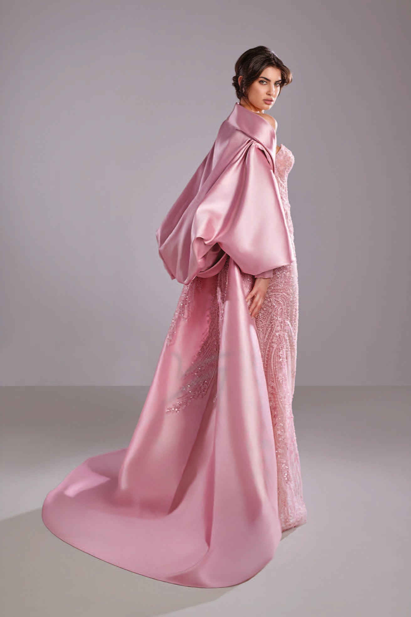 Embroidered Lace Dress with Mikado Cape