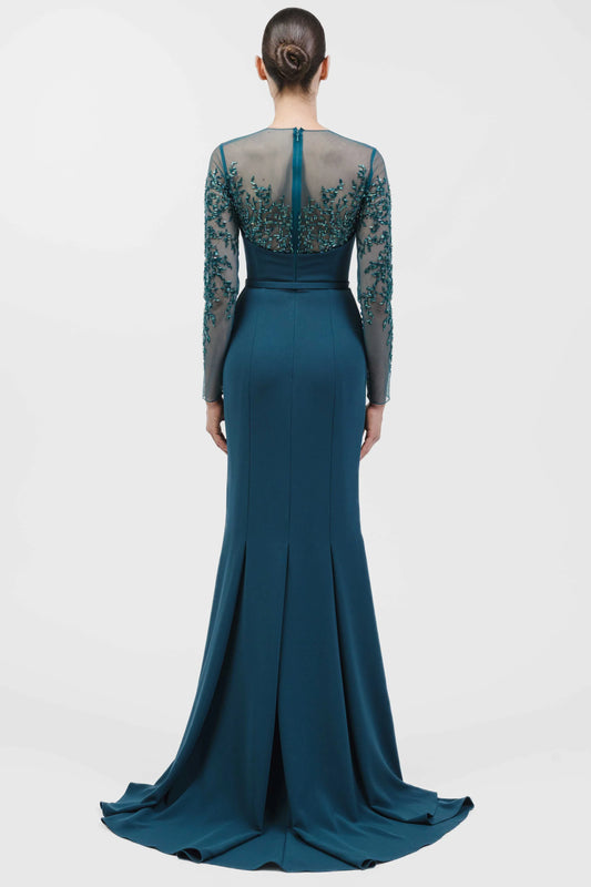 Sheer Embroidered Long Sleeve Mermaid Gown