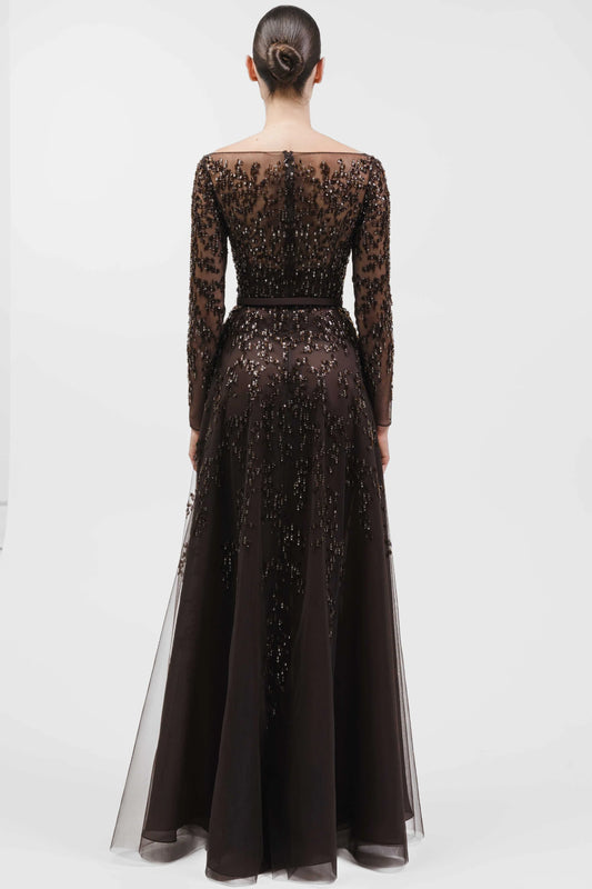 Fully Beaded Long-Sleeve Gown With Belt