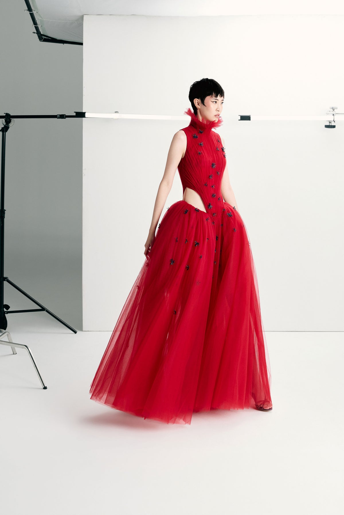 High-Neck Pleated Ball Gown