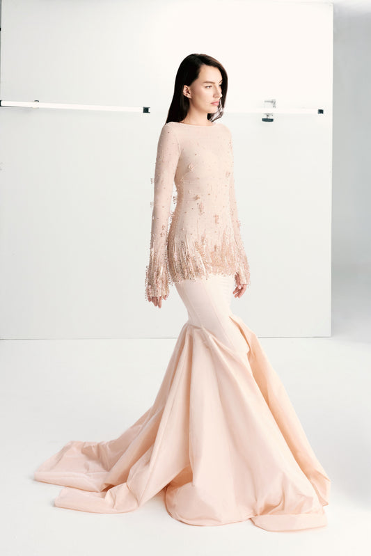 Long Sleeve Beaded Mermaid Gown