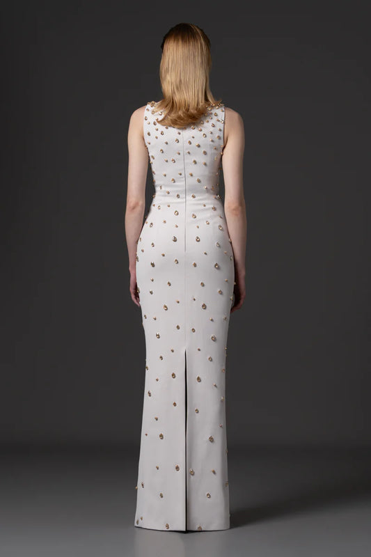 Vestido de noche de crepé con cuello redondo