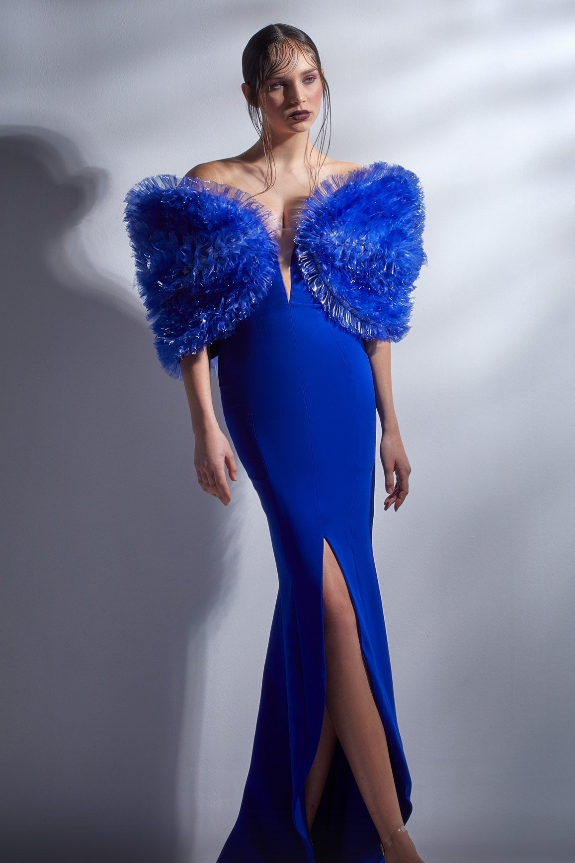 Ruffled Off Shoulder Fitted Slit Gown