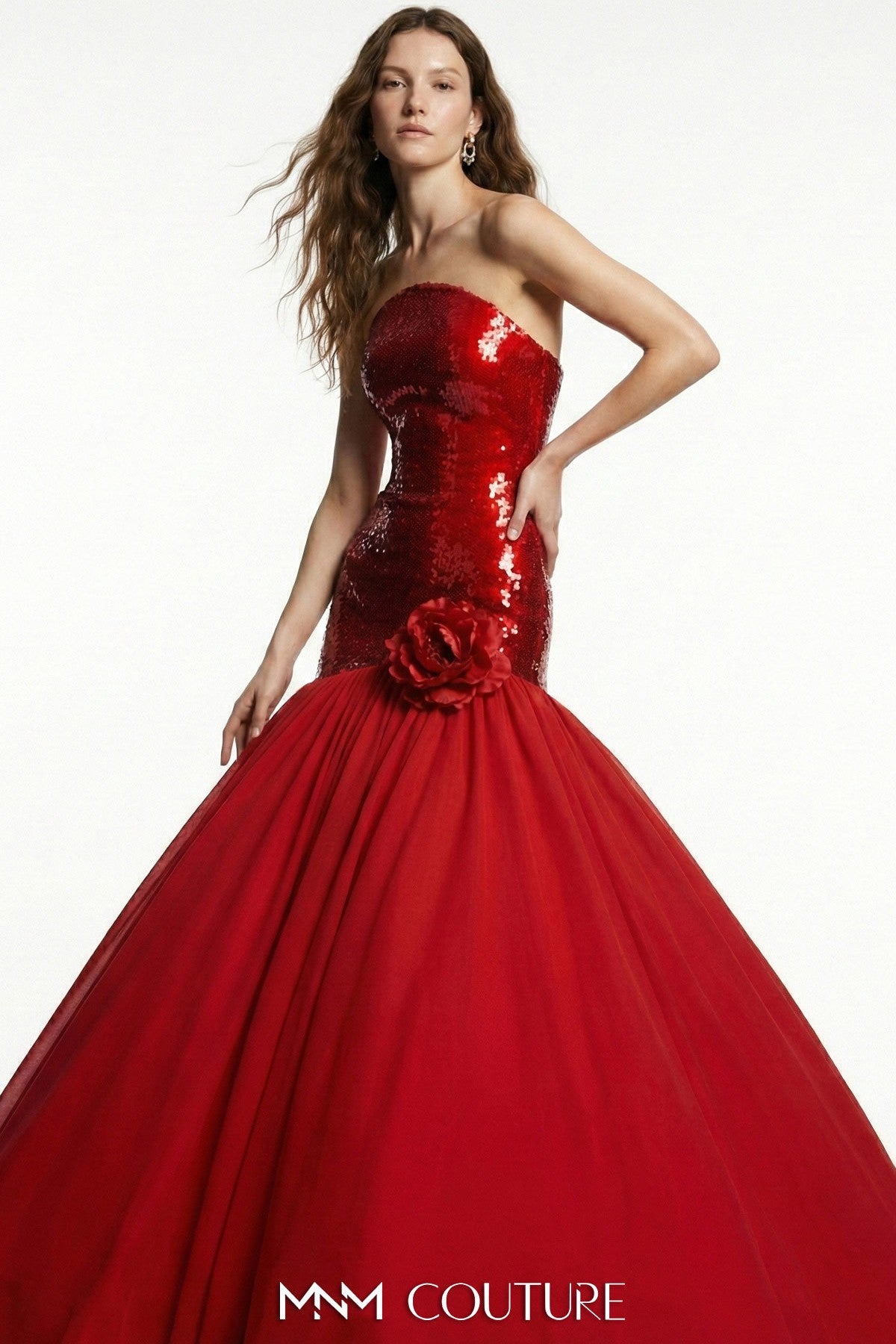 Strapless Sequin Drop-Waist Gown