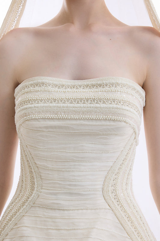 Beaded Strapless Gown - Ivory/White