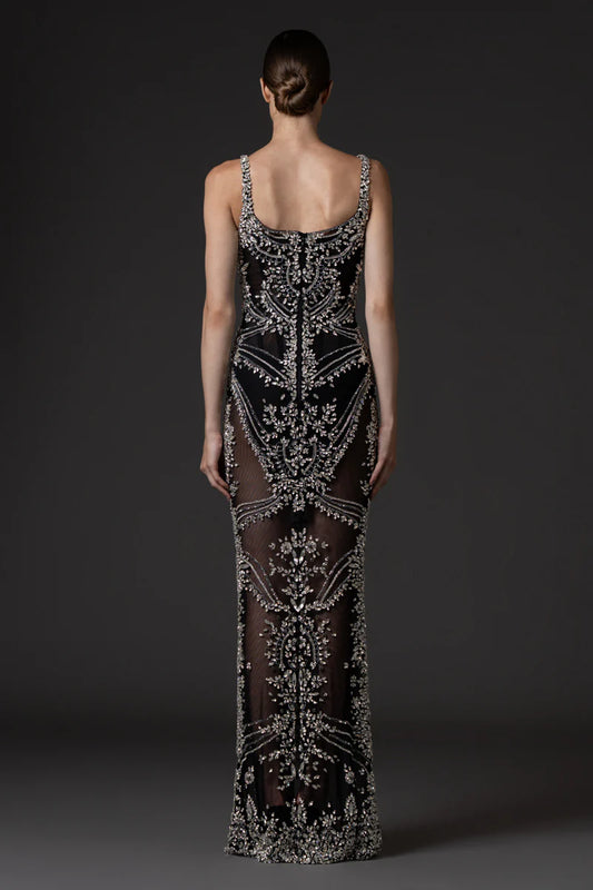 Black Crystal Embroidered Tulle Dress
