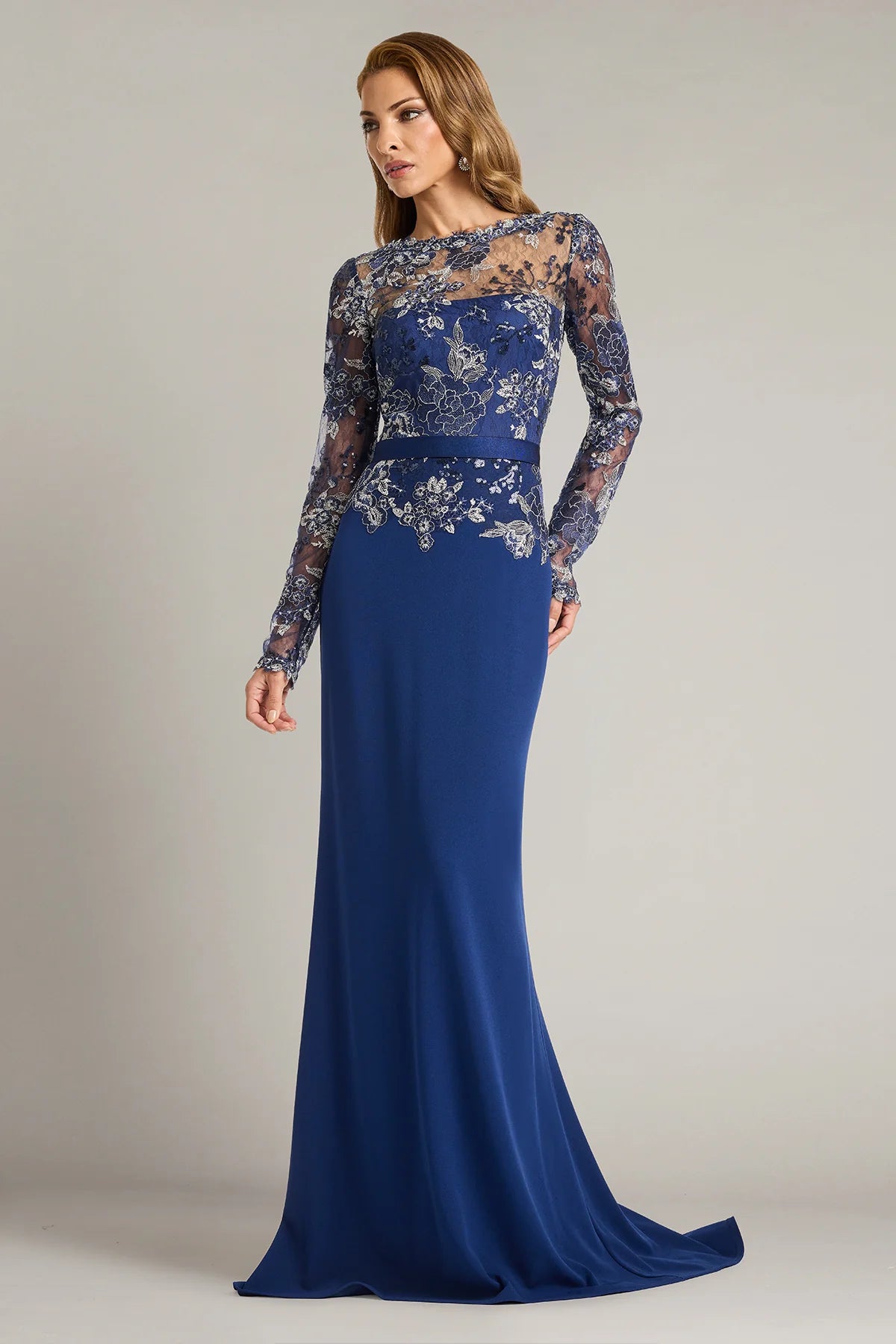 Beacon Belted Embroidered Illusion Gown