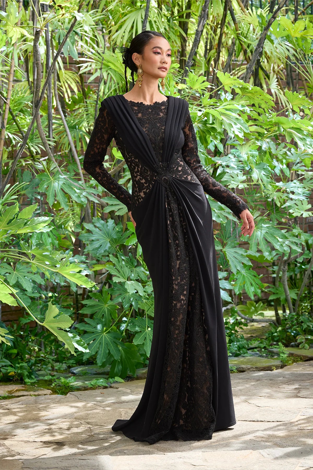 Vourie Draped Overlay Embroidered Gown
