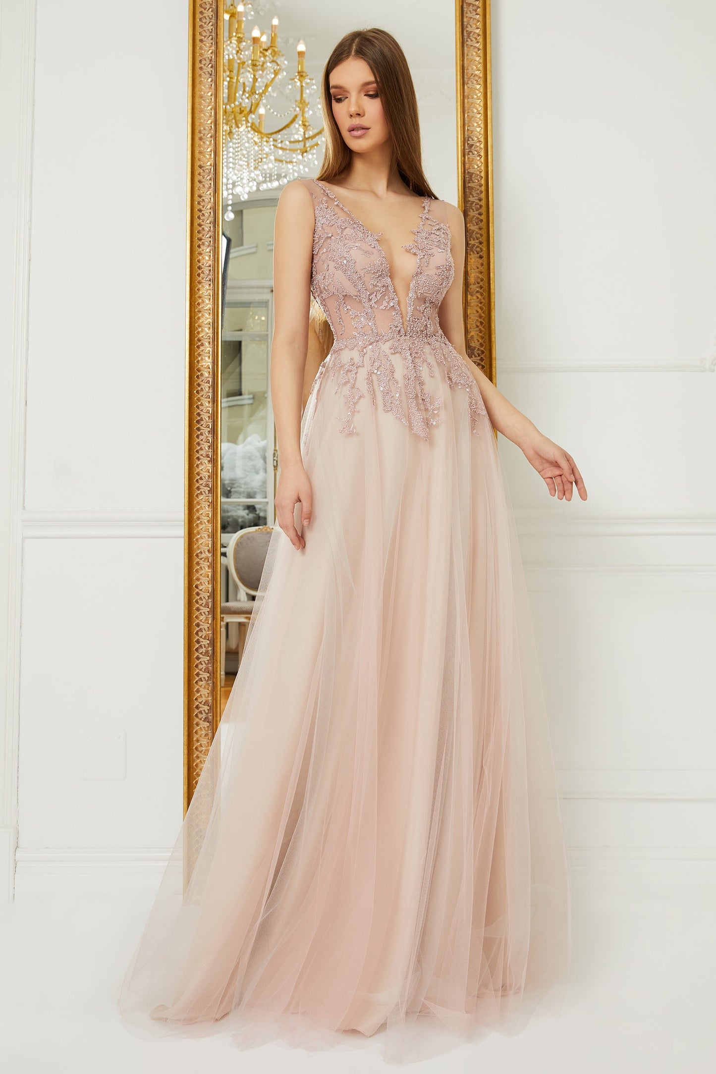 Embroidered Tulle Sleeveless A-Line Gown