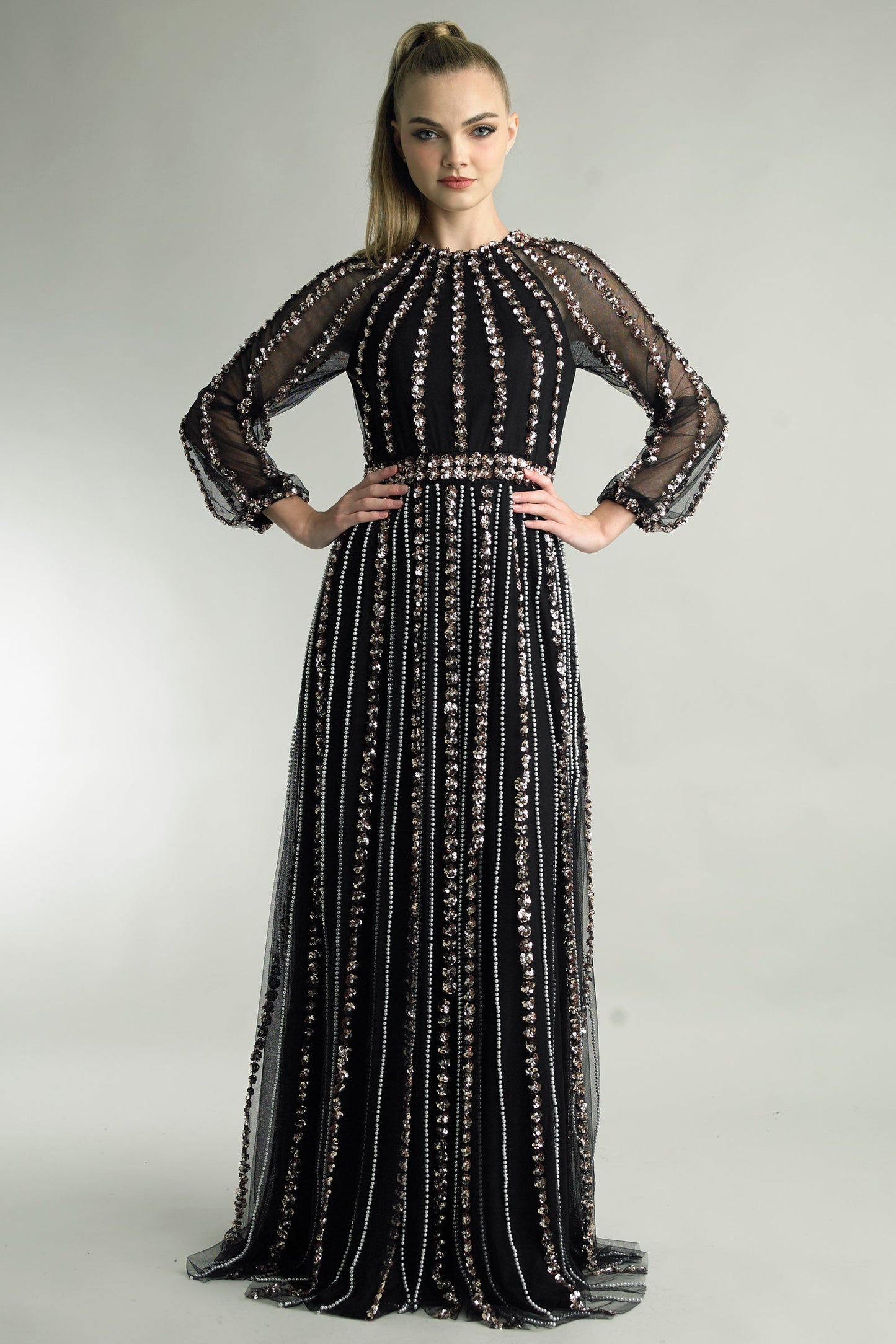 Long Sleeve Crystal and Pearl Gown