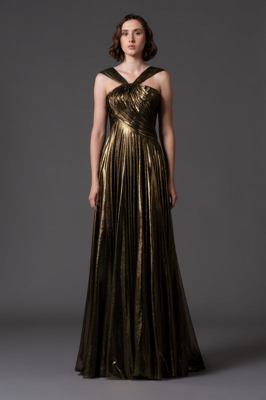 Draped Dress in Silk Foiled Tulle