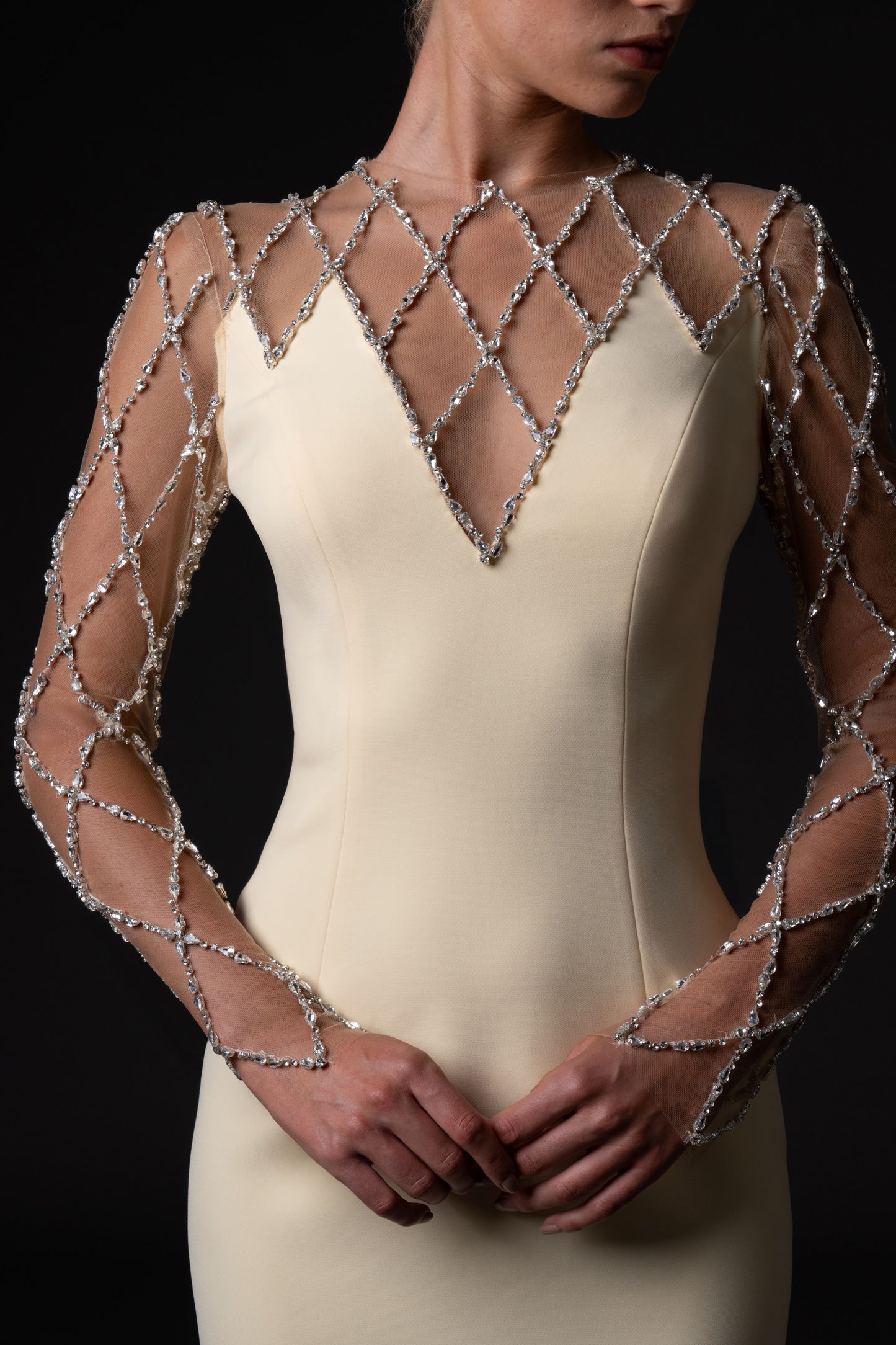 Crêpe Dress with Grid Embroidery