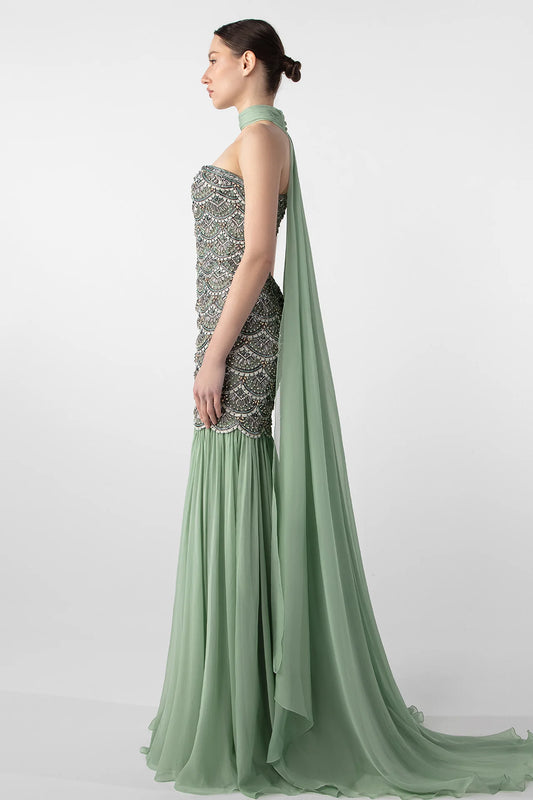 Draped Embroidered Gown