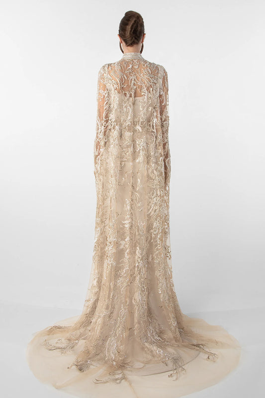Crepe Gown with Embroidered Cape