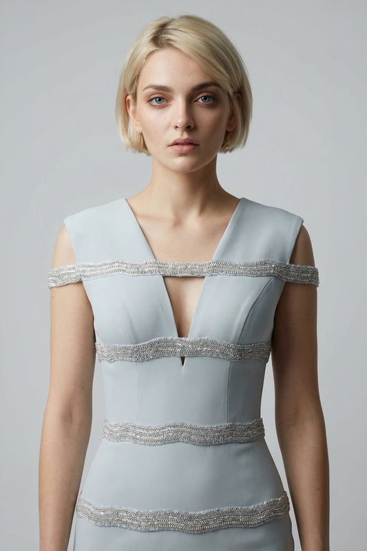 Beaded Cold-Shoulder Crepe Gown