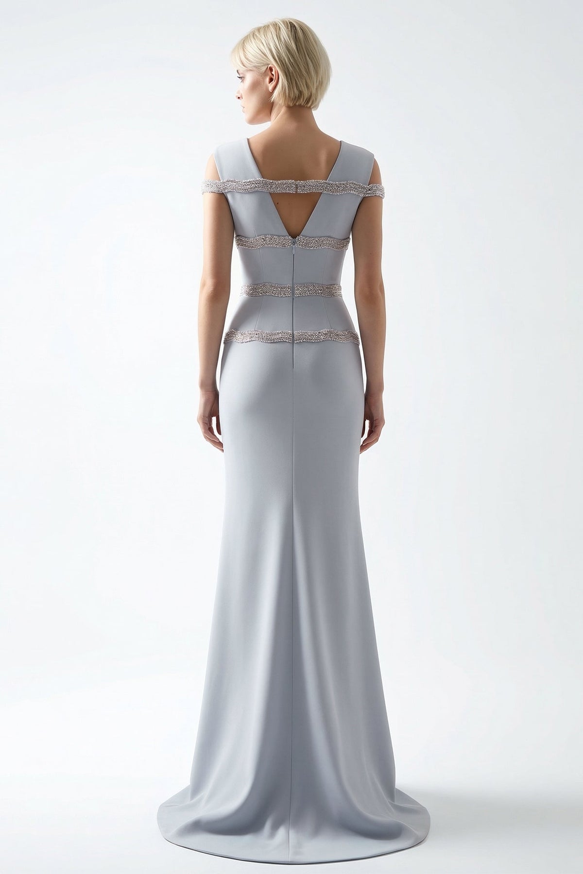 Beaded-Band Cold-Shoulder Gown