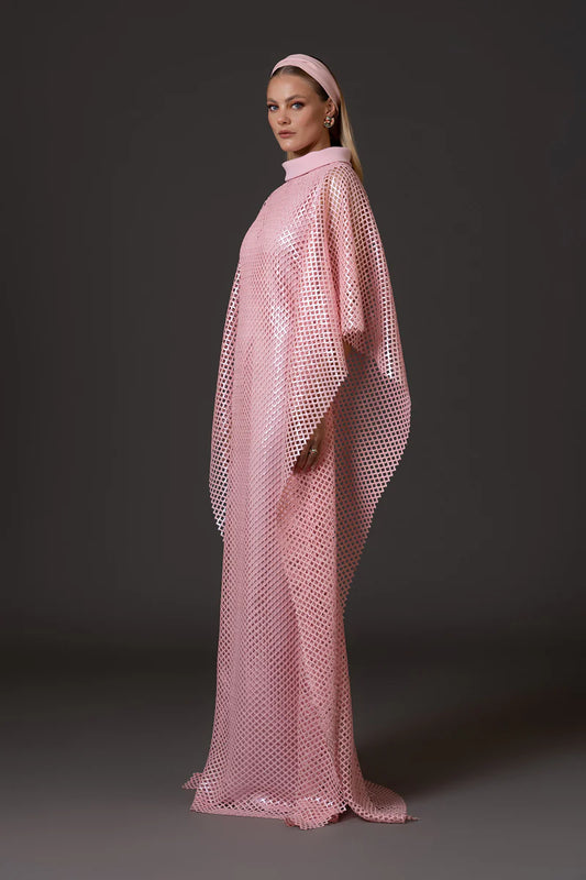 Pink Crêpe Abaya with Embellished Net