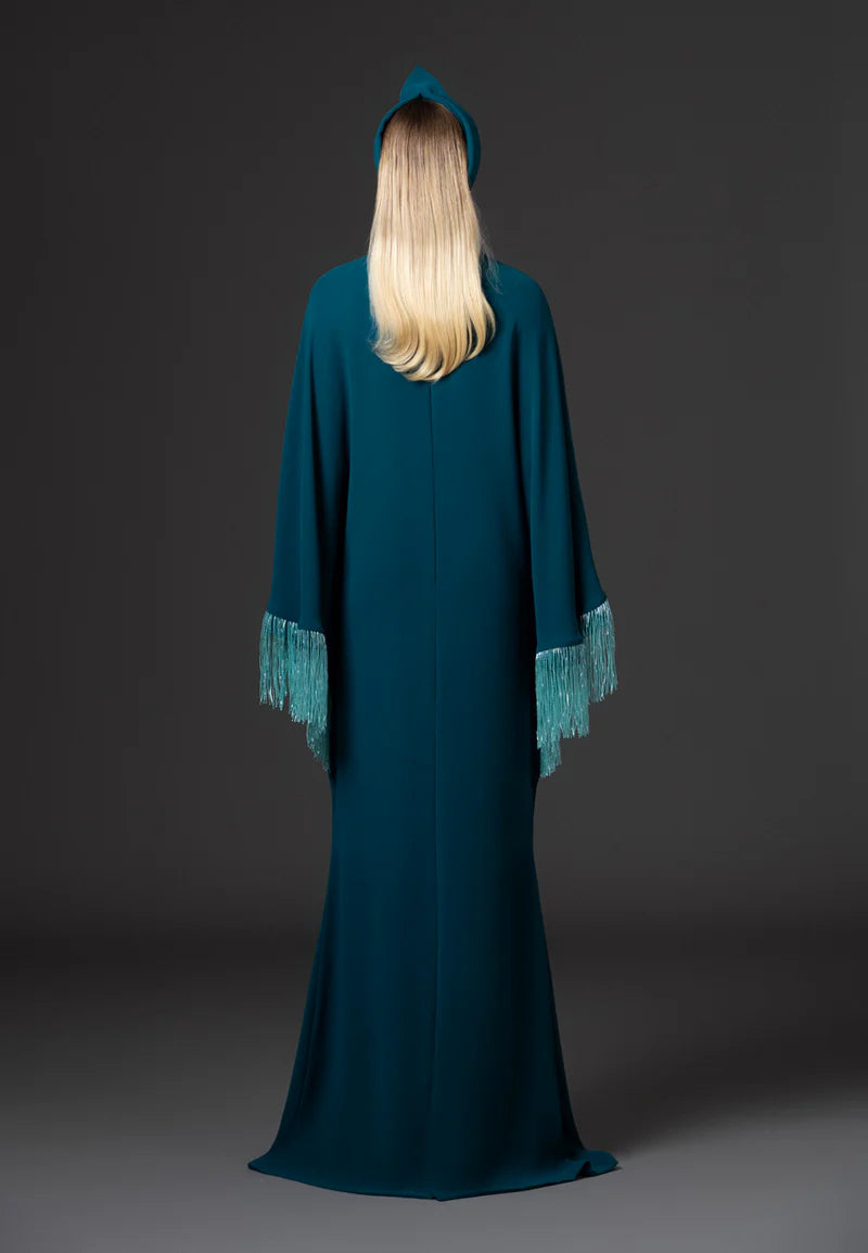 Teal Crêpe Abaya with Beaded Fringes