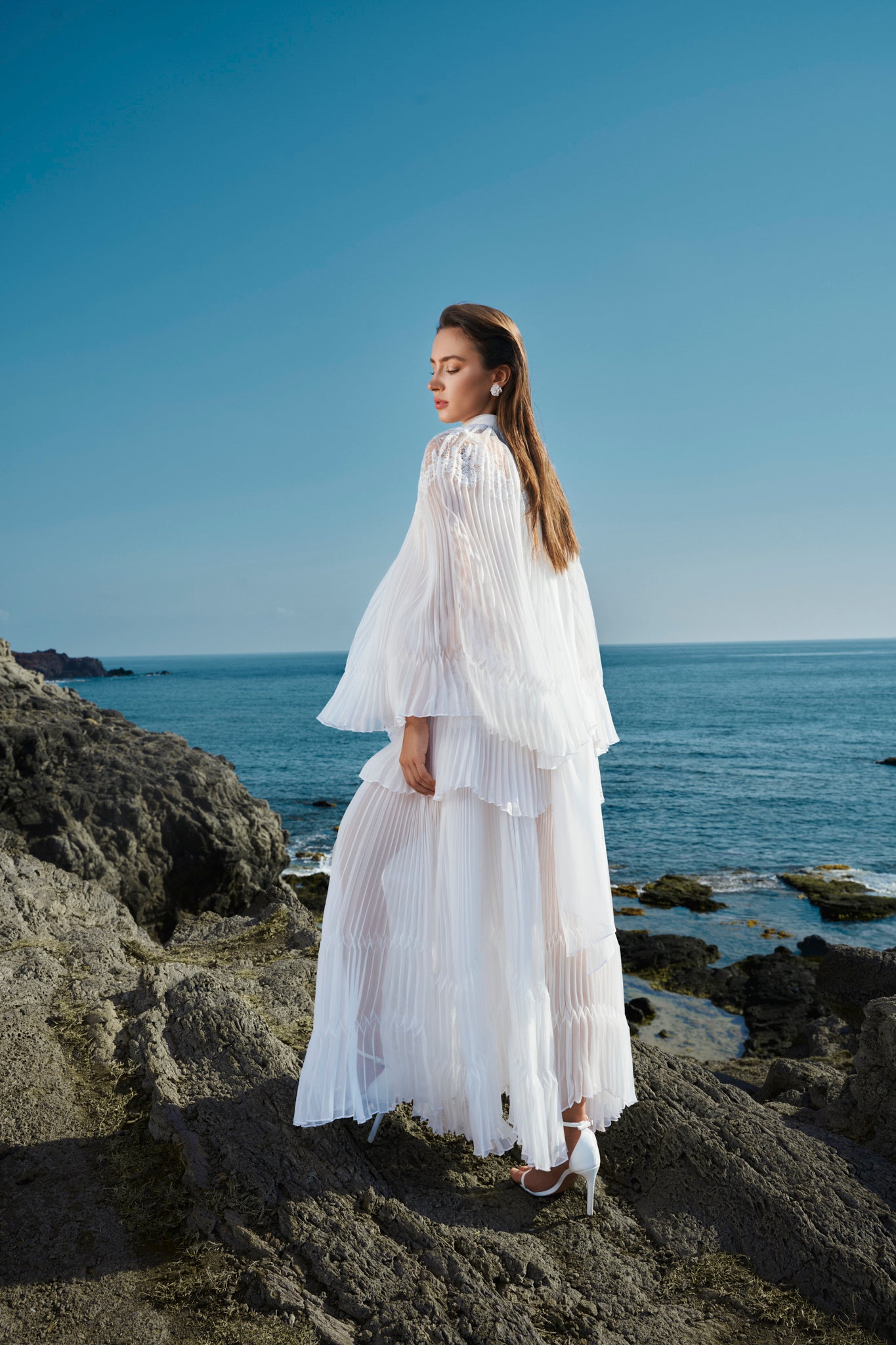 Lace-Trimmed Pleated Maxi Dress