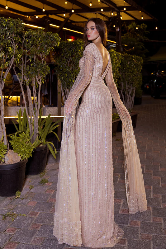 Beaded Cape Sleeve Gown