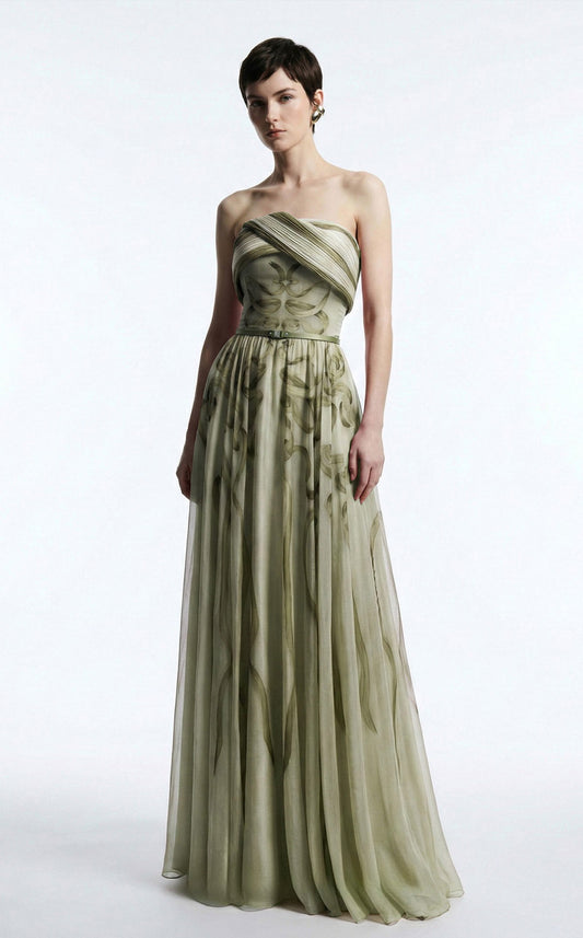 Green Strapless Flowing Chiffon Gown