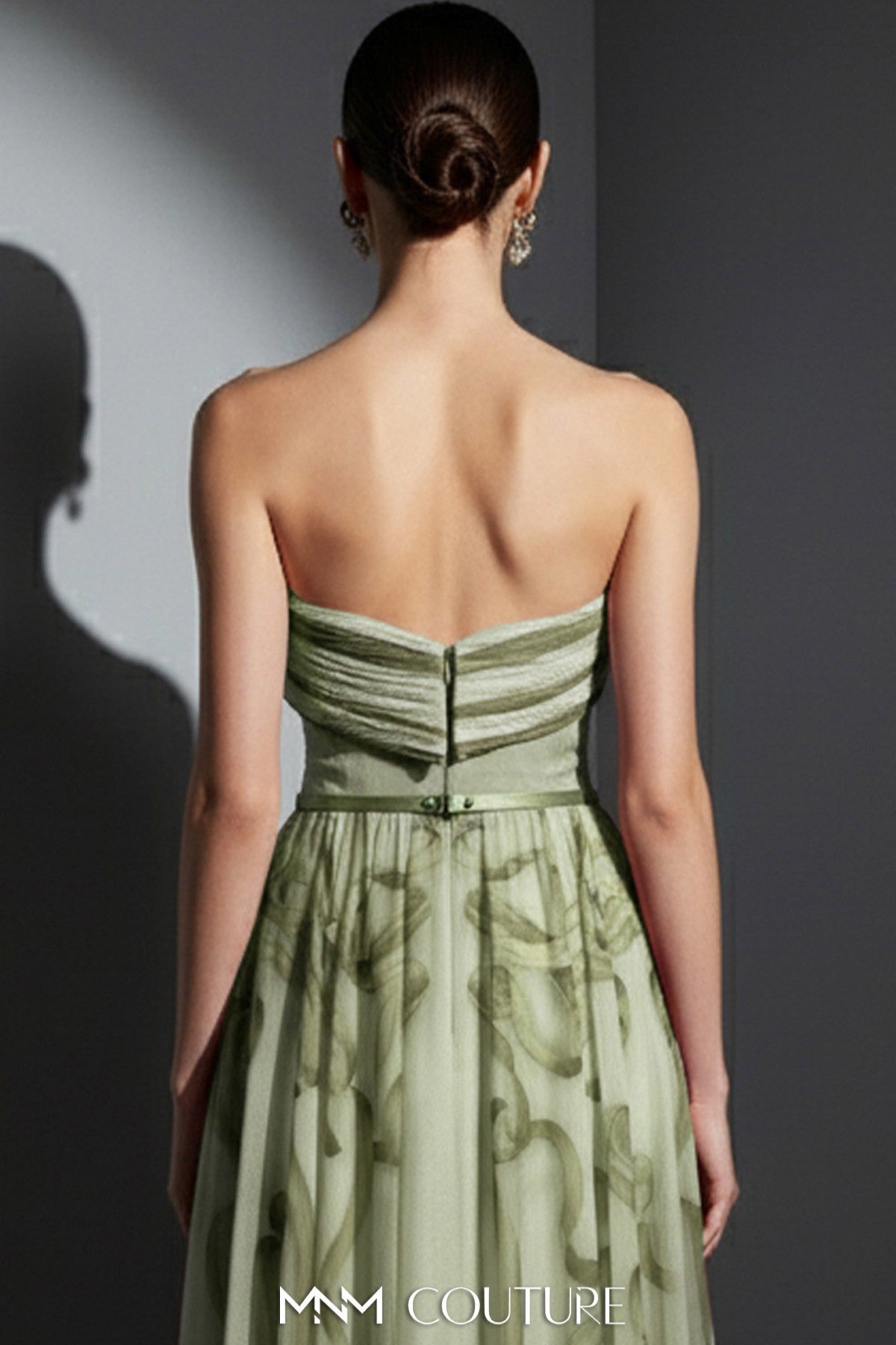 Green Strapless Flowing Chiffon Gown
