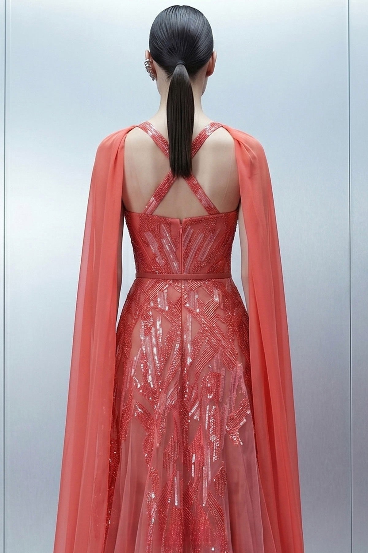 Embellished A-Line Gown with Cape